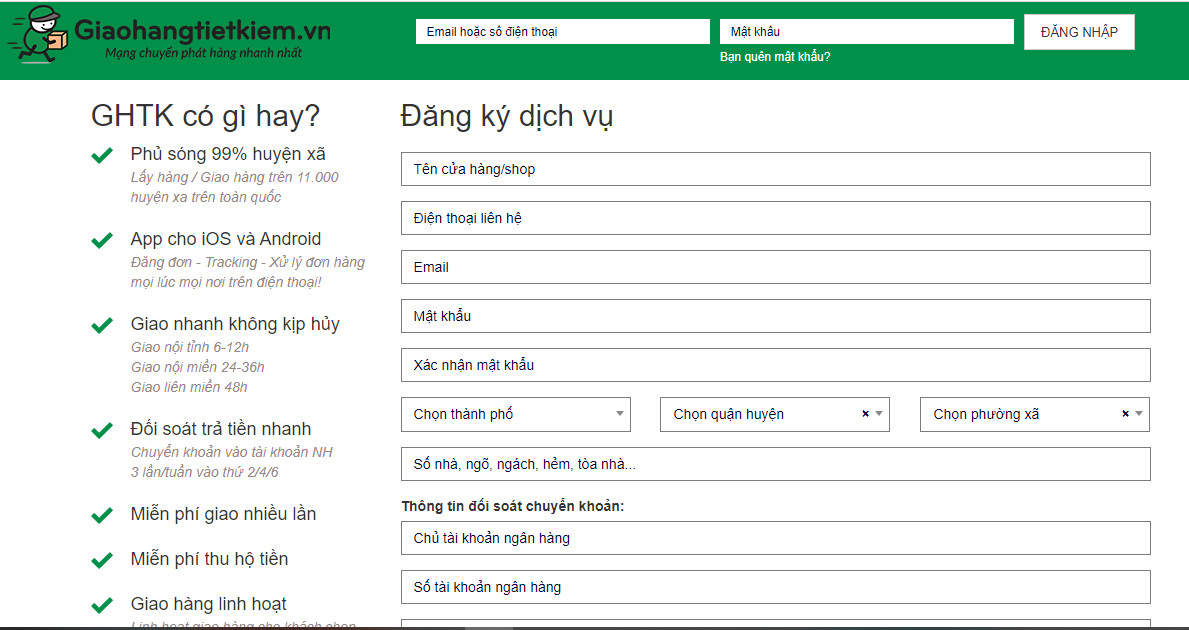 Đăng ký tài khoản GHTK trên website hoặc ứng dụng