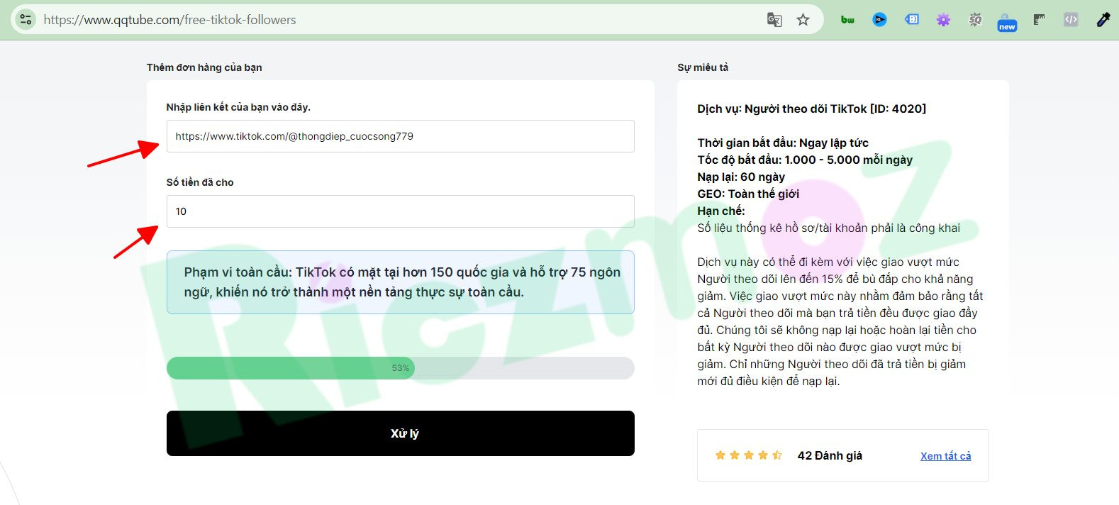 Giao diện web QQTube giúp tăng người theo dõi TikTok miễn phí