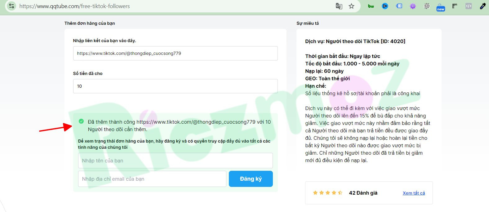 Xác nhận hoàn tất quá trình tăng follow trên QQTube