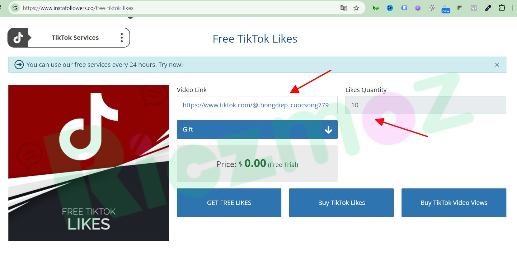 Giao diện trang web Insta Follower để tăng follow TikTok miễn phí