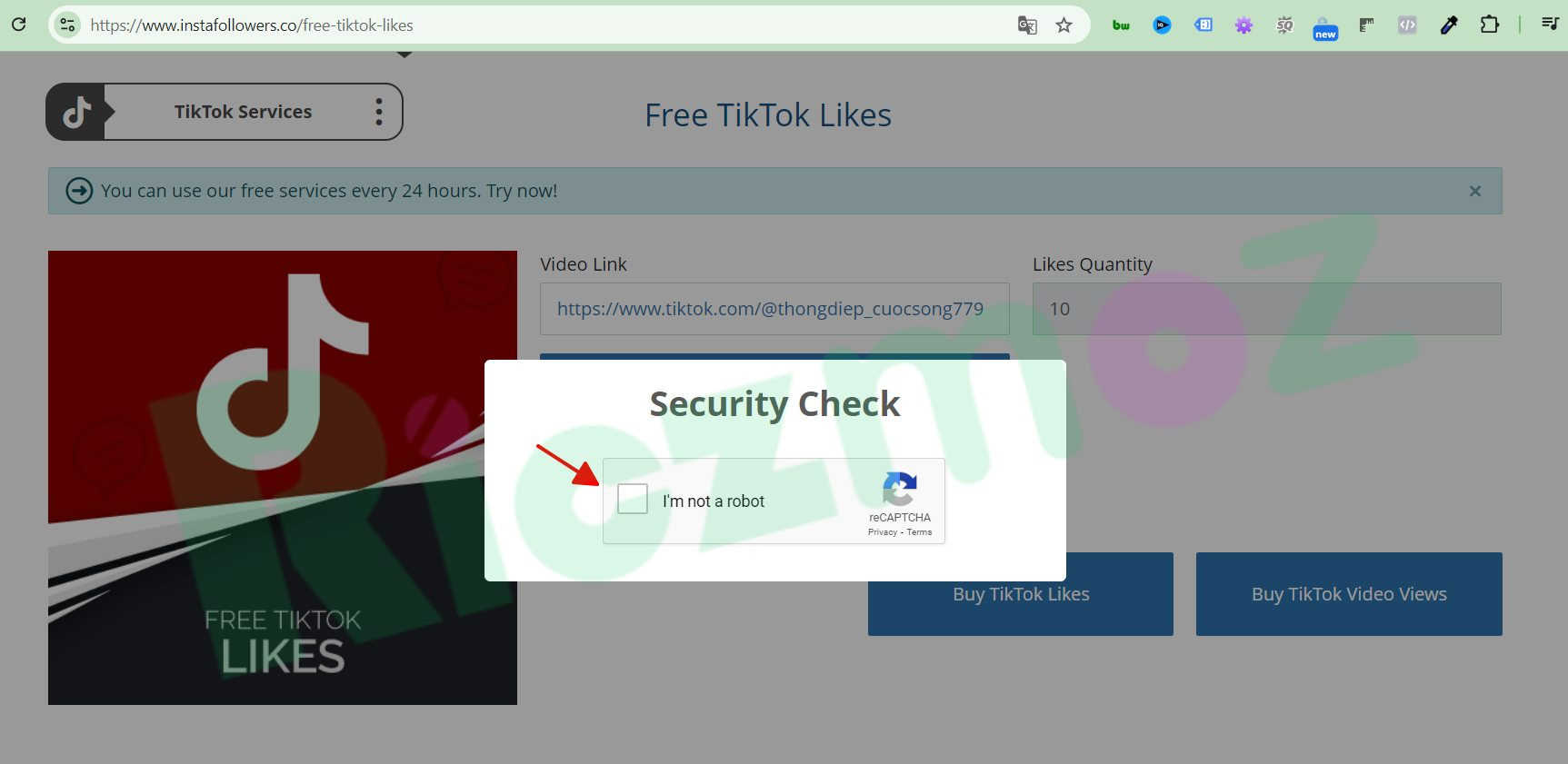 Xác nhận người máy sau khi tăng follow TikTok miễn phí 100% trên Insta Follower