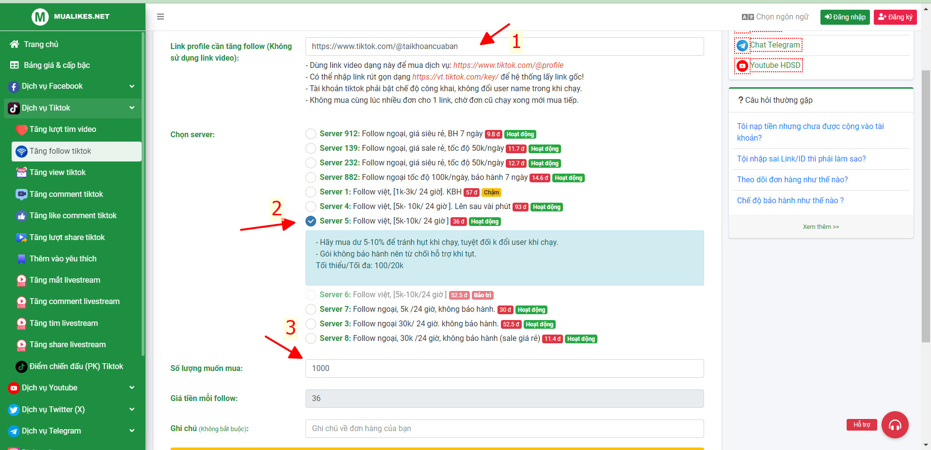 Giao diện tạo đơn trên MuaLikes.Net để buff follow TikTok giá rẻ và miễn phí