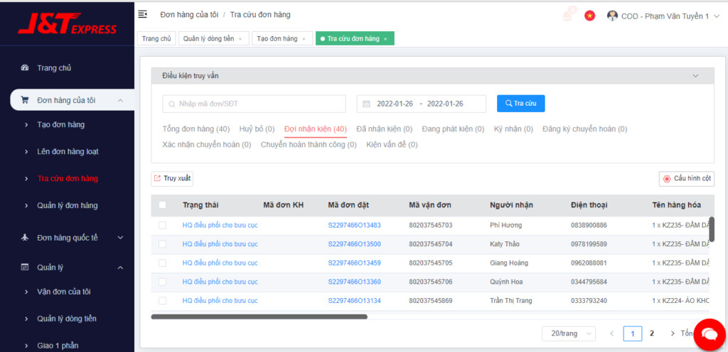 Giao diện theo dõi quá trình vận đơn J&T Express