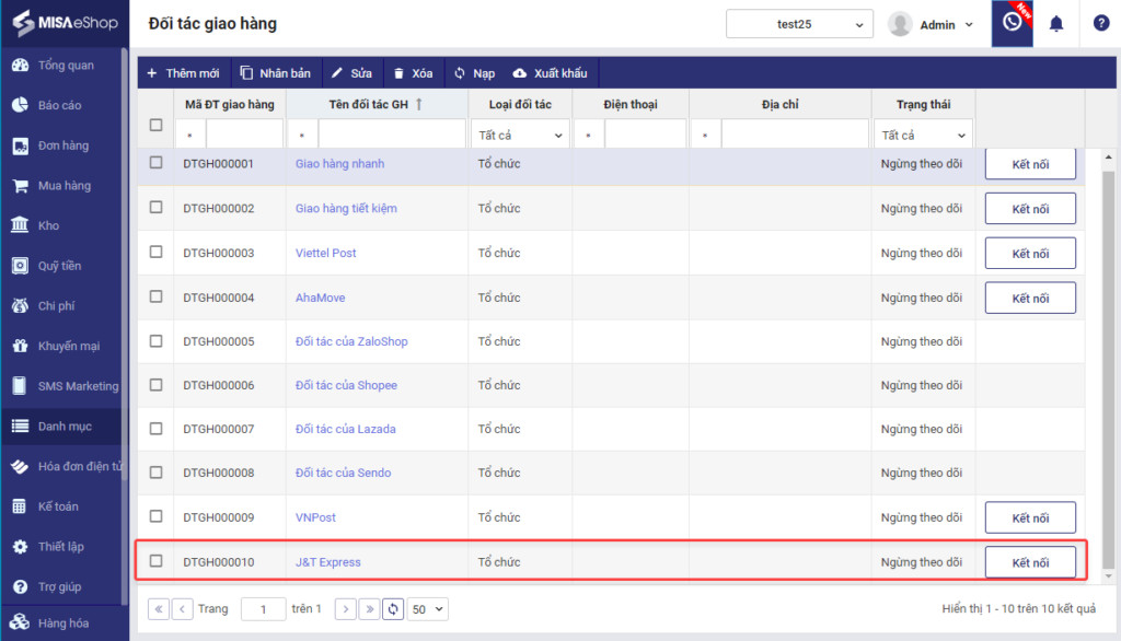 Hướng dẫn kết nối đơn vị vận chuyển J&T Express trên MISA eShop