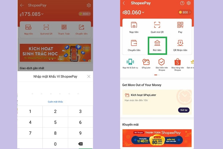 Nhập mật khẩu ví ShopeePay và chọn Rút tiền