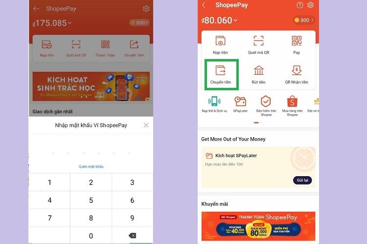 Nhập mật khẩu và chọn mục Chuyển tiền