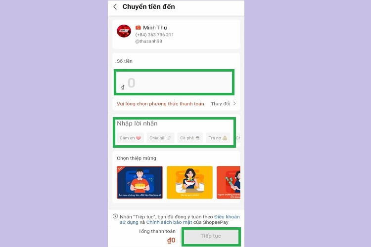 Điền số tiền, nhập lời nhắn và nhấn Tiếp tục