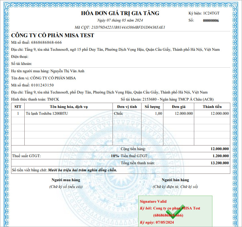 Ví dụ minh họa hóa đơn gốc