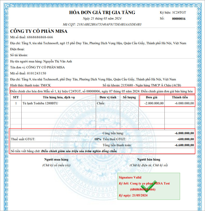 Ví dụ minh họa hóa đơn điều chỉnh lần 2