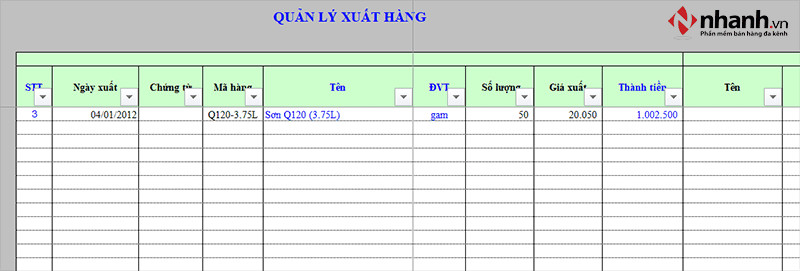 Giao diện quản lý xuất hàng trong phần mềm Excel quản lý bán hàng