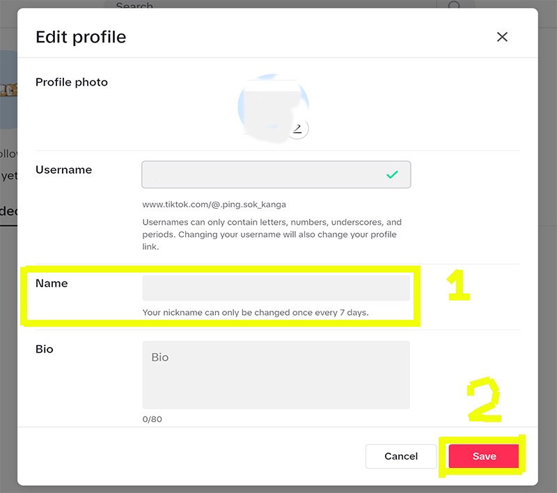 Cửa sổ chỉnh sửa tên người dùng TikTok trên máy tính