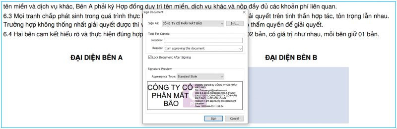 Cửa sổ thông tin chữ ký số trước khi ký