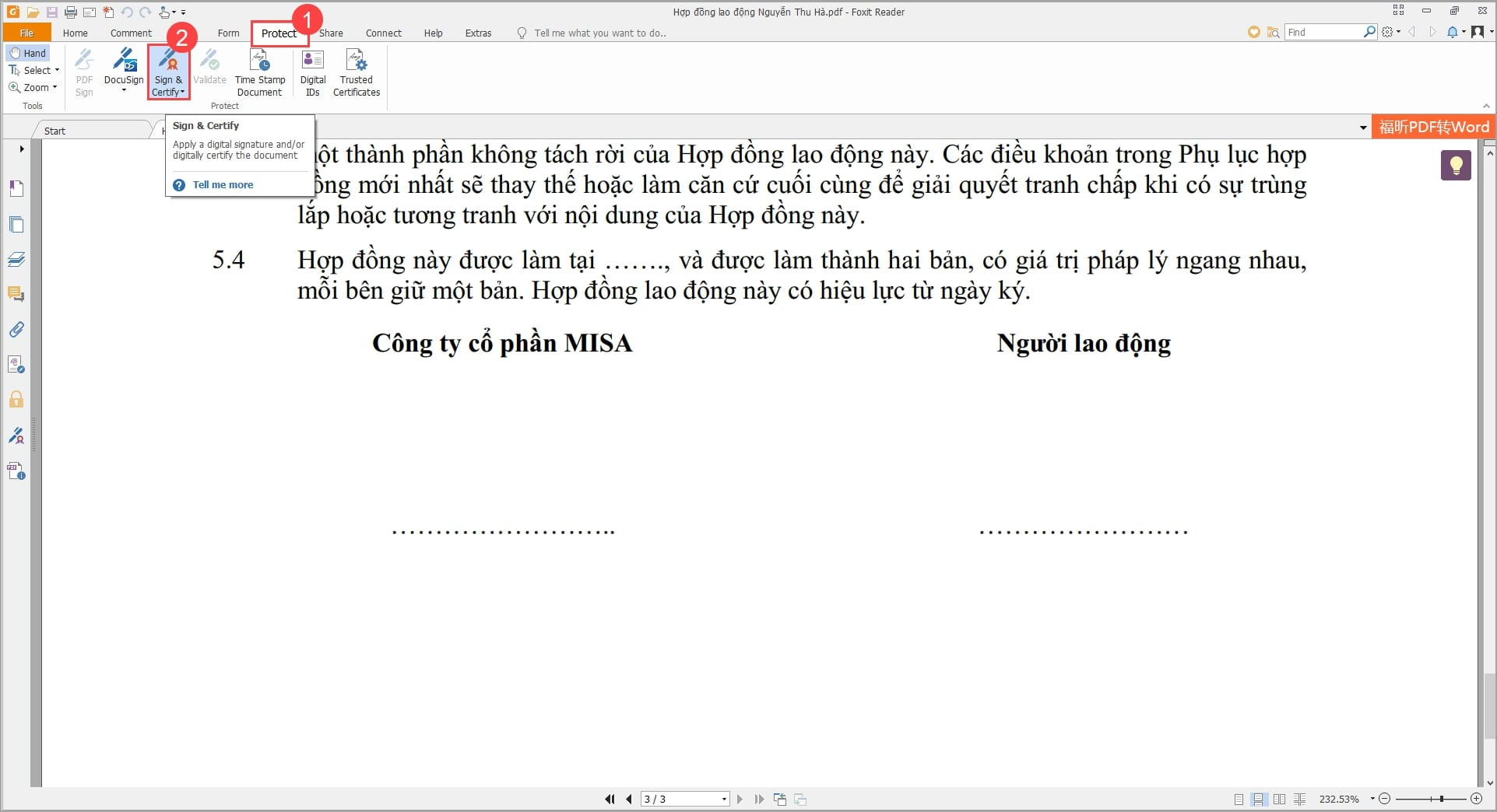 Chọn Protect và Sign&Certify để ký số từ xa