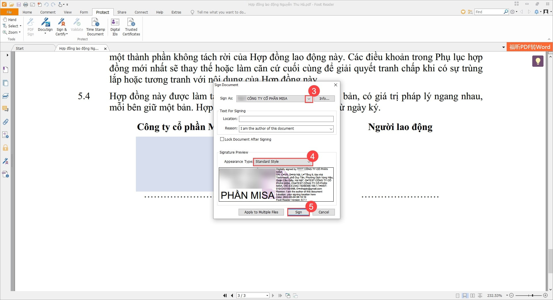 Chọn chứng thư số và kiểu hiển thị khi ký số từ xa