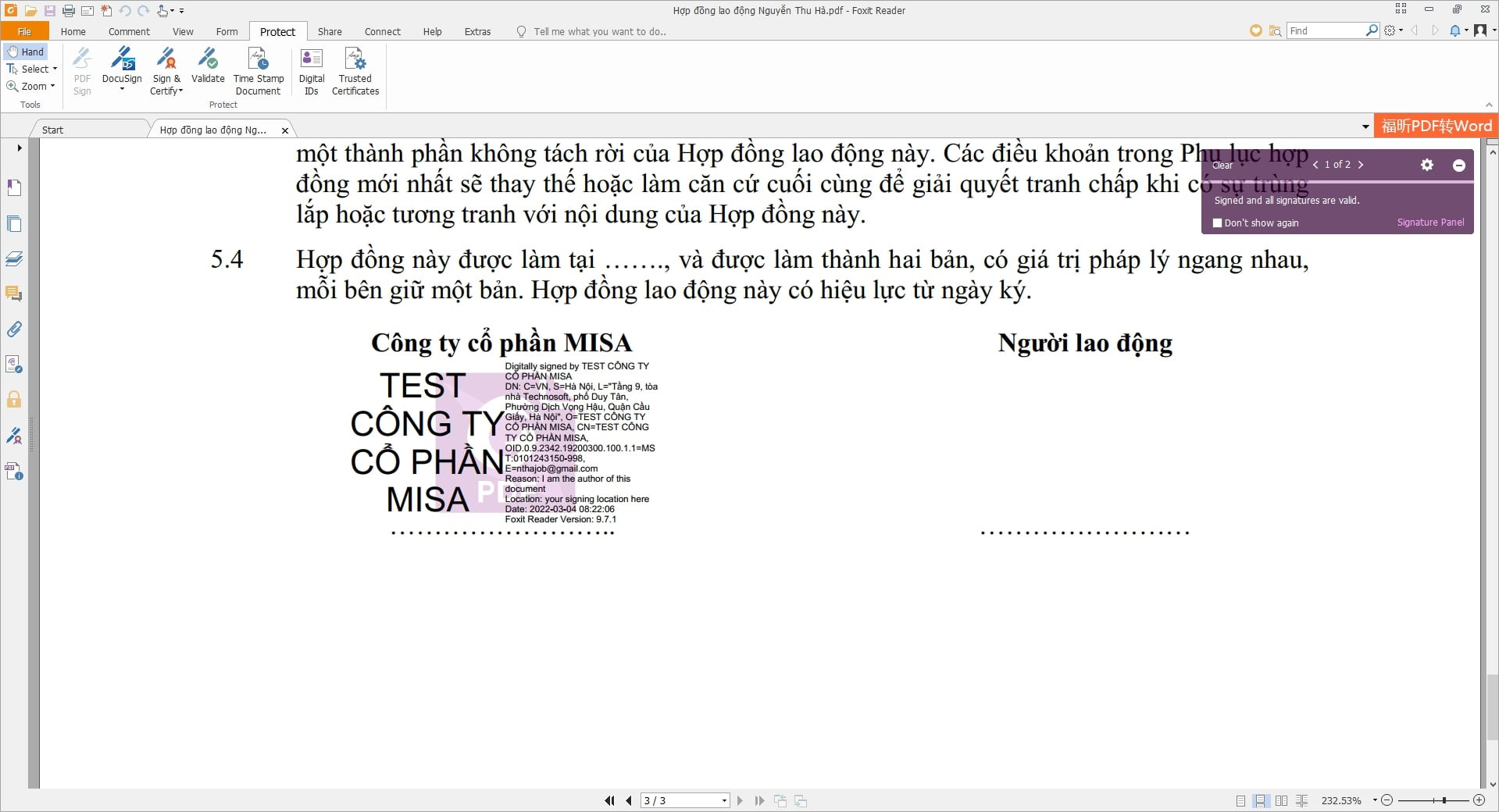 Thông báo xác thực ký số từ xa thành công