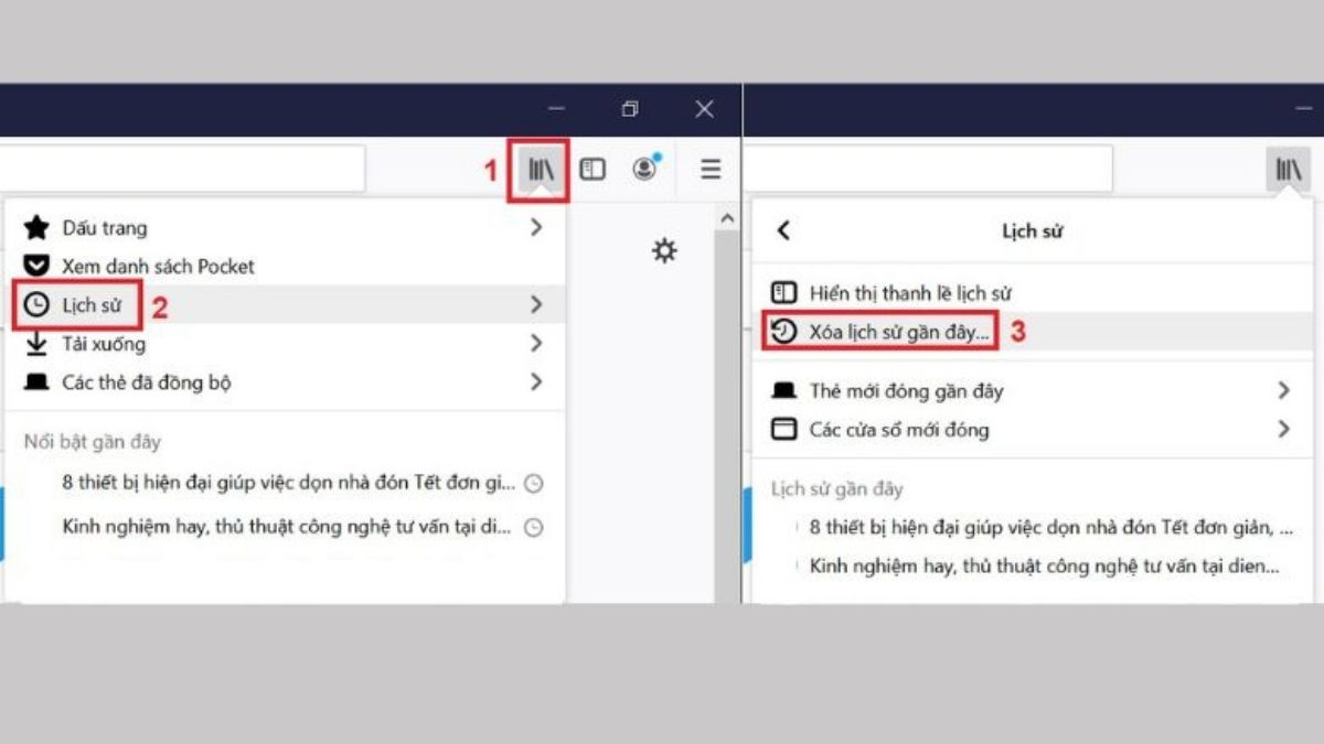 Bước 1: Biểu tượng lịch sử trên trình duyệt Mozilla Firefox
