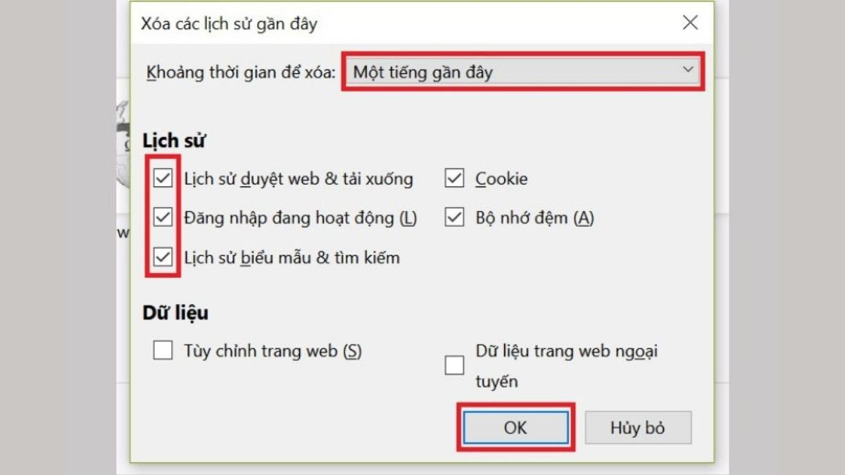 Bước 4: Tùy chọn các mục cần xóa trong lịch sử Firefox