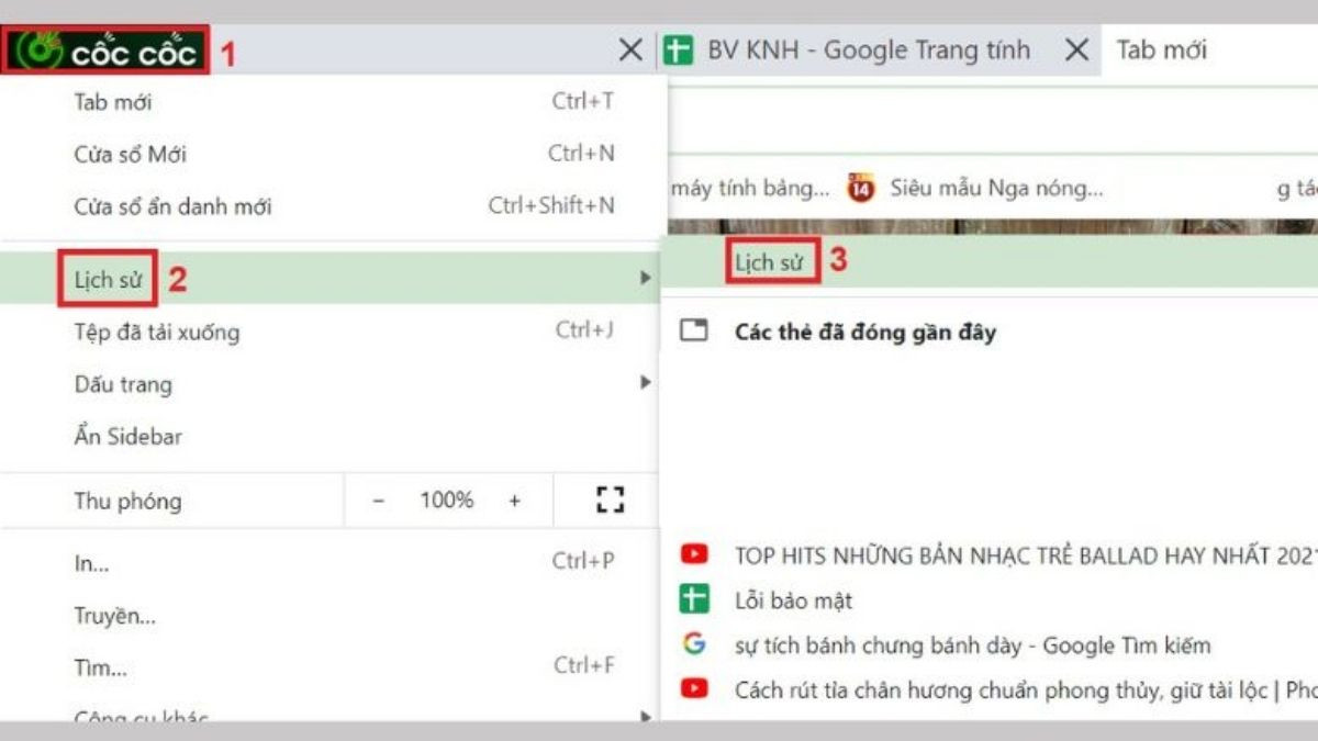 Bước 1: Mở menu Cốc Cốc và chọn Lịch sử