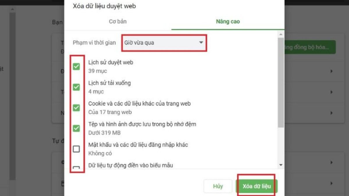 Bước 4: Hoàn tất quá trình xóa dữ liệu trên Cốc Cốc