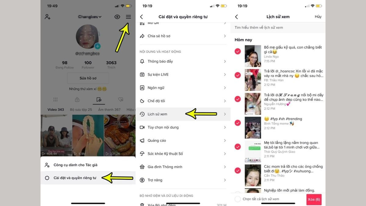 Giao diện cài đặt và quyền riêng tư trên TikTok để xóa lịch sử xem