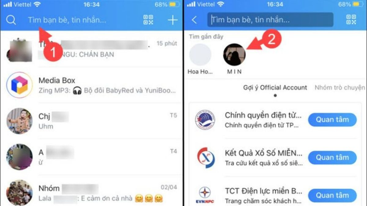 Bước 1: Chọn thanh tìm kiếm trên ứng dụng Zalo