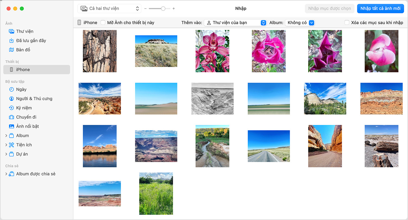Màn hình máy Mac hiển thị các ảnh có thể nhập từ iPhone