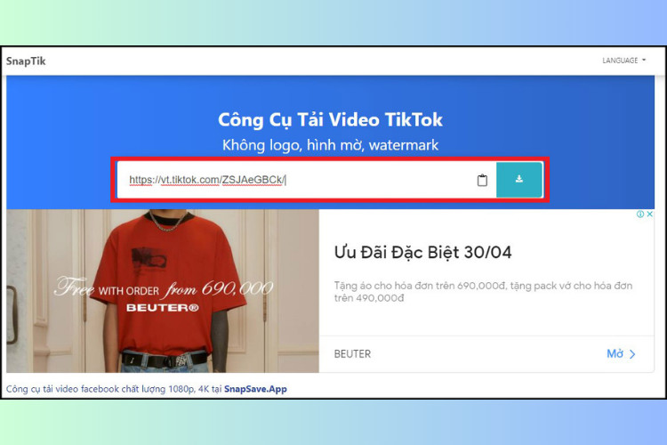 Sử dụng SnapTik để tải video TikTok không logo sau khi sao chép liên kết