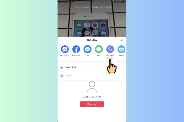 Tùy chọn "Sao chép liên kết" trong menu chia sẻ video TikTok