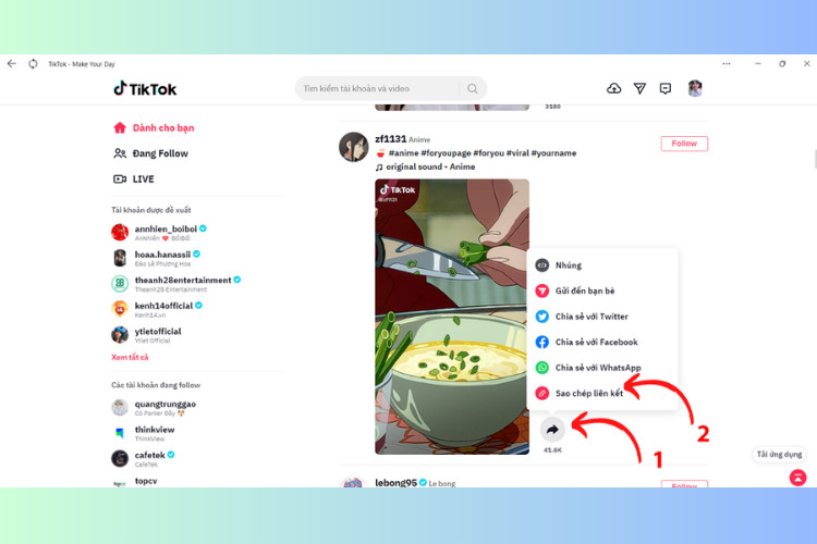 Nút chia sẻ trên giao diện TikTok trên máy tính