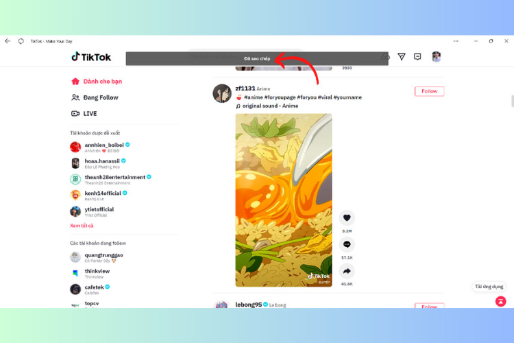 Thông báo "Đã sao chép" trên TikTok phiên bản web khi copy link video