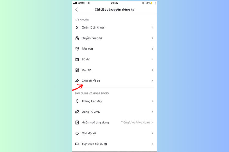 Tùy chọn "Chia sẻ hồ sơ" và "Sao chép liên kết" trên TikTok
