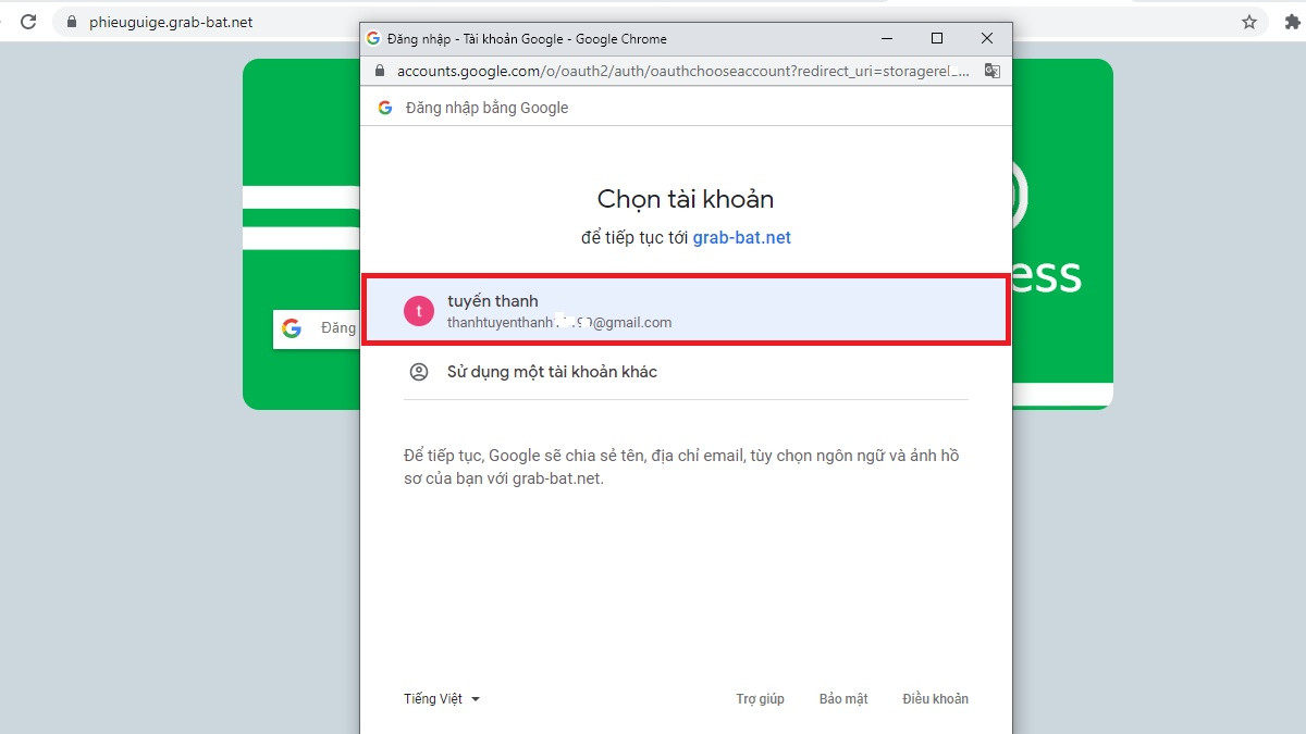 Màn hình nhập ID và mật khẩu để đăng nhập phiếu gửi Grab
