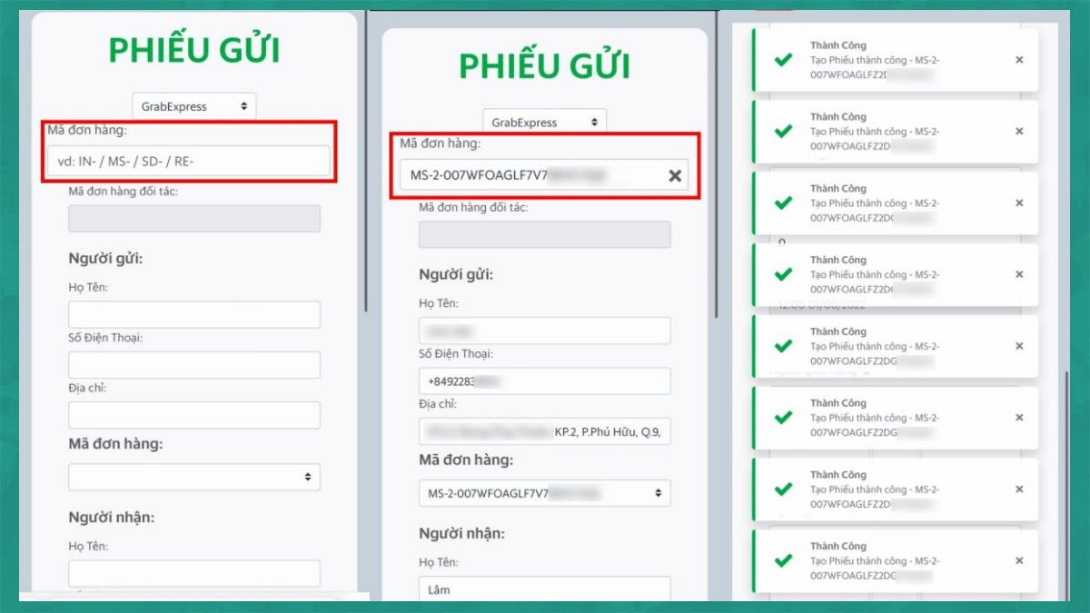 Giao diện chép mã phiếu gửi điện tử Grab với ô nhập mã đơn hàng