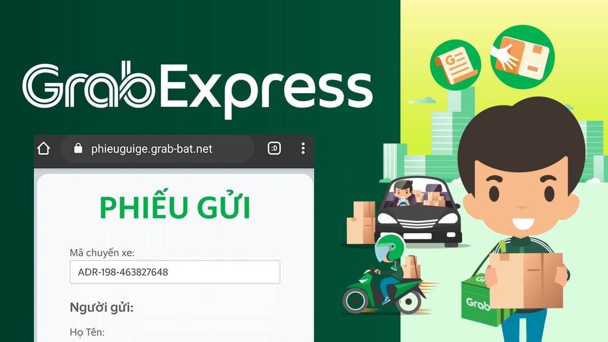 Phiếu gửi điện tử Grab Express và biểu tượng Grab