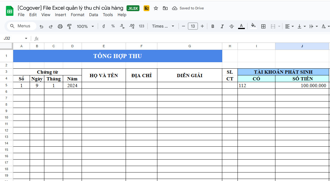 Mẫu file Excel quản lý thu chi dành cho cửa hàng