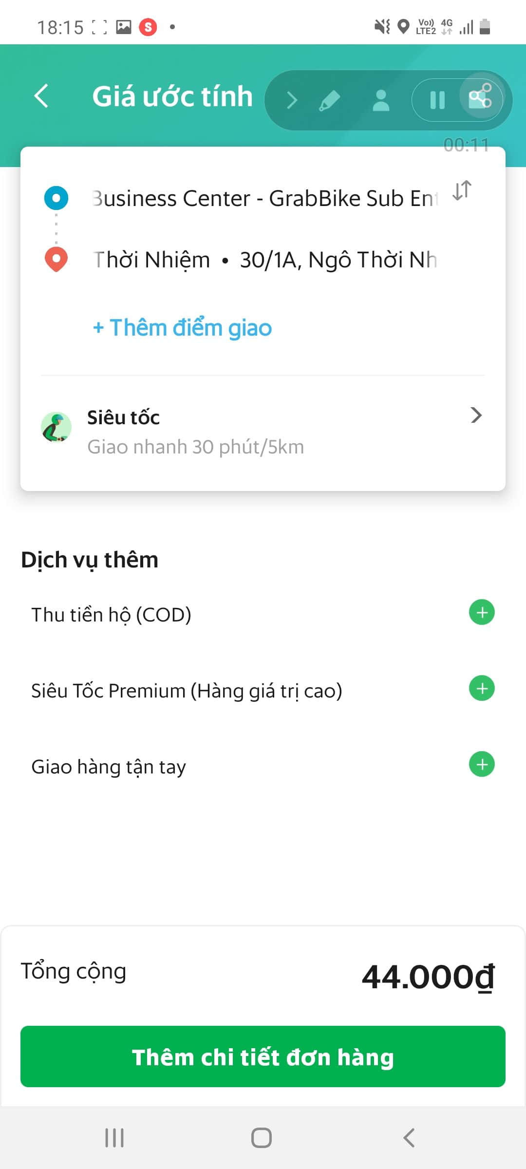Giao diện chọn các dịch vụ GrabExpress thêm như giao hàng giá trị cao, COD