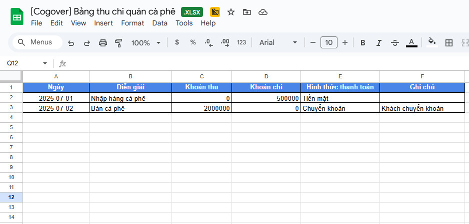 Mẫu file Excel quản lý thu chi dành cho quán cà phê