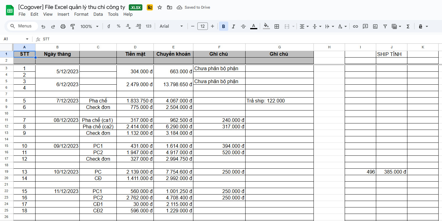 Mẫu file Excel quản lý thu chi công ty chuyên nghiệp