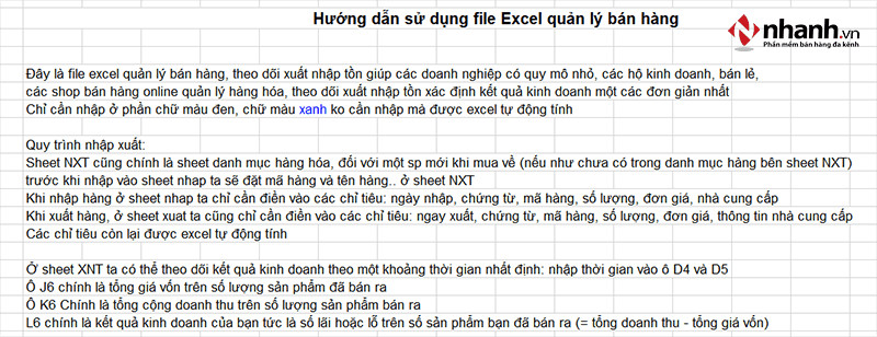 Sheet hướng dẫn sử dụng phần mềm quản lý bán hàng Excel