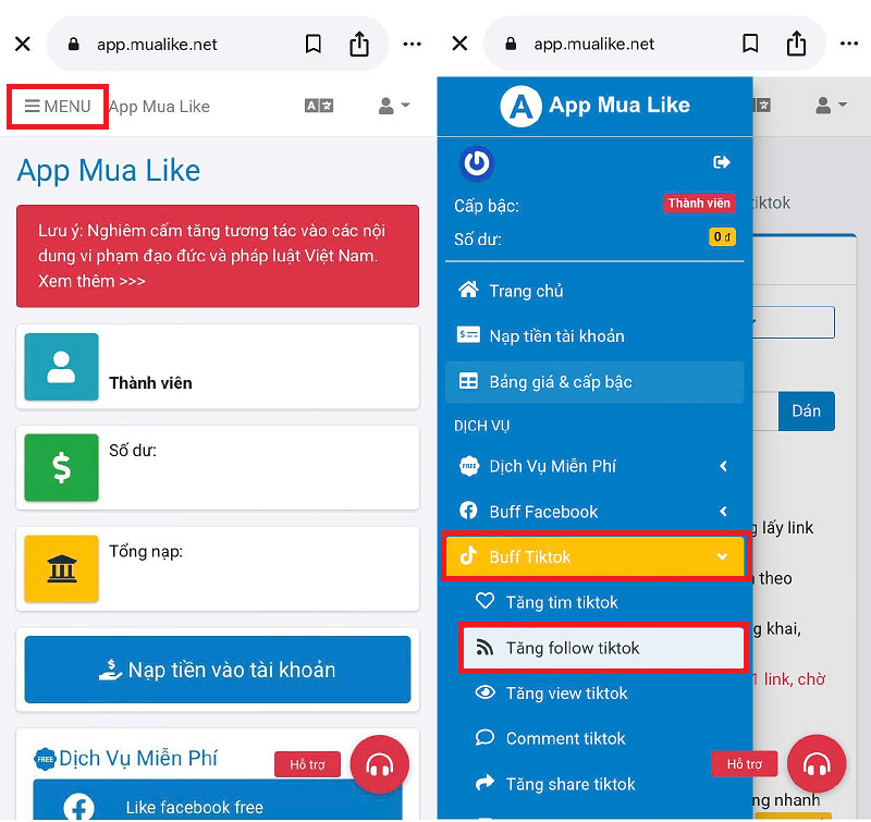 Truy cập trang dịch vụ tăng follow TikTok