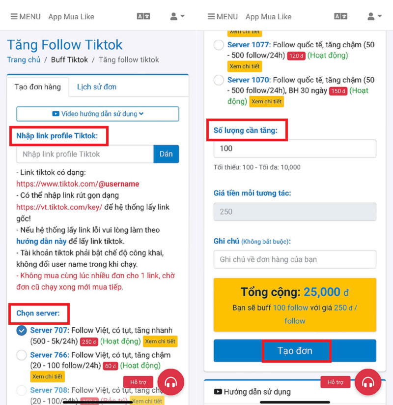Tạo đơn hàng mua follow TikTok