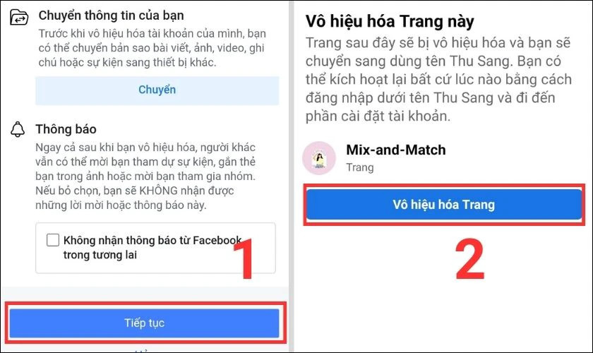 Xác nhận vô hiệu hóa fanpage trên điện thoại