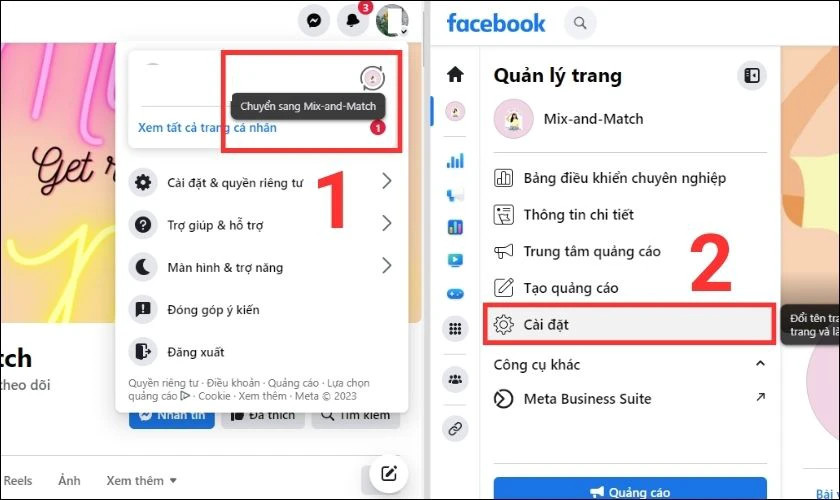 Chọn Cài đặt trên giao diện trang Facebook bằng máy tính