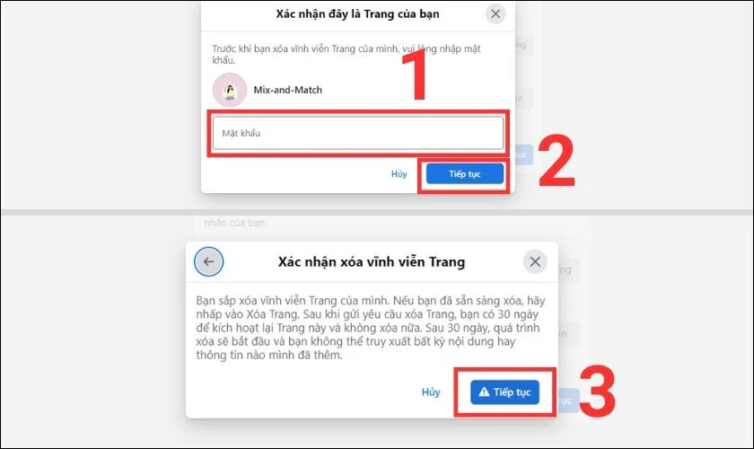 Xác nhận mật khẩu để xóa trang vĩnh viễn