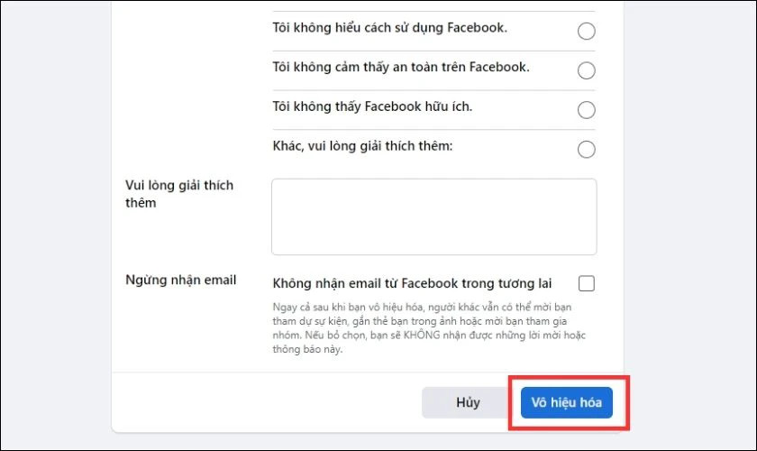 Tick chọn nguyên nhân vô hiệu hóa trang tạm thời