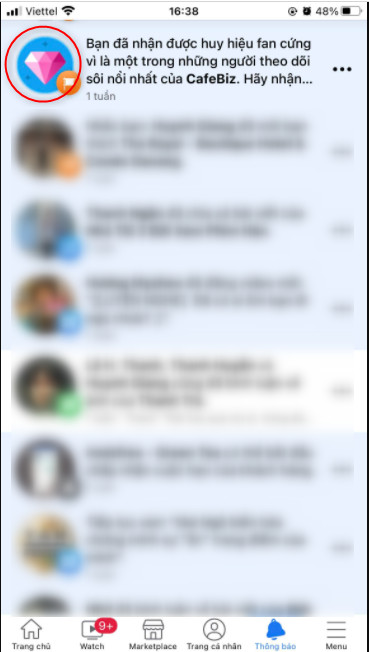 Thông báo nhận Huy hiệu Fan cứng trên Facebook
