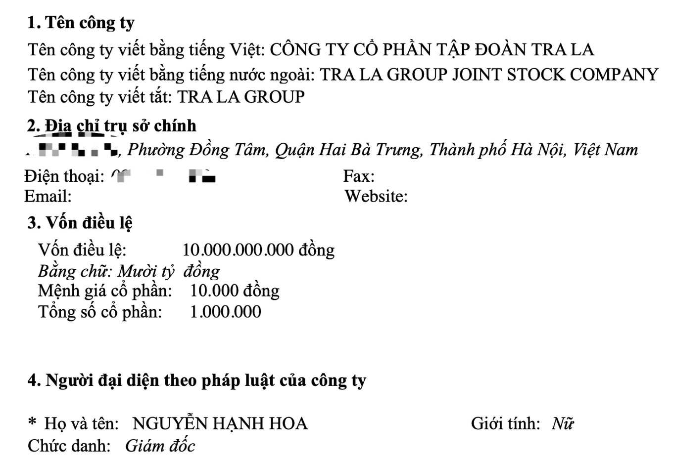 Thông tin đăng ký của Tập đoàn Tra La, đơn vị vận hành Phê La
