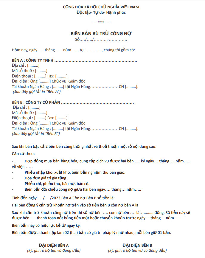 Biên bản cấn trừ công nợ hai bên