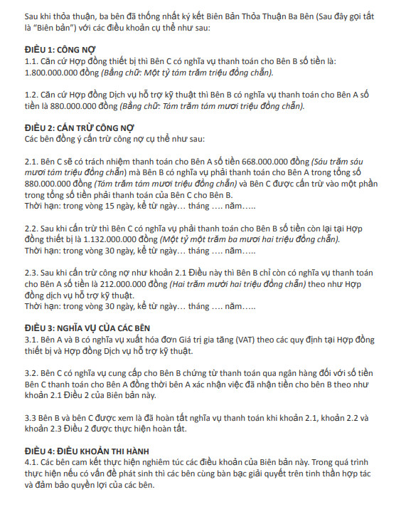 Biên bản cấn trừ công nợ 3 bên