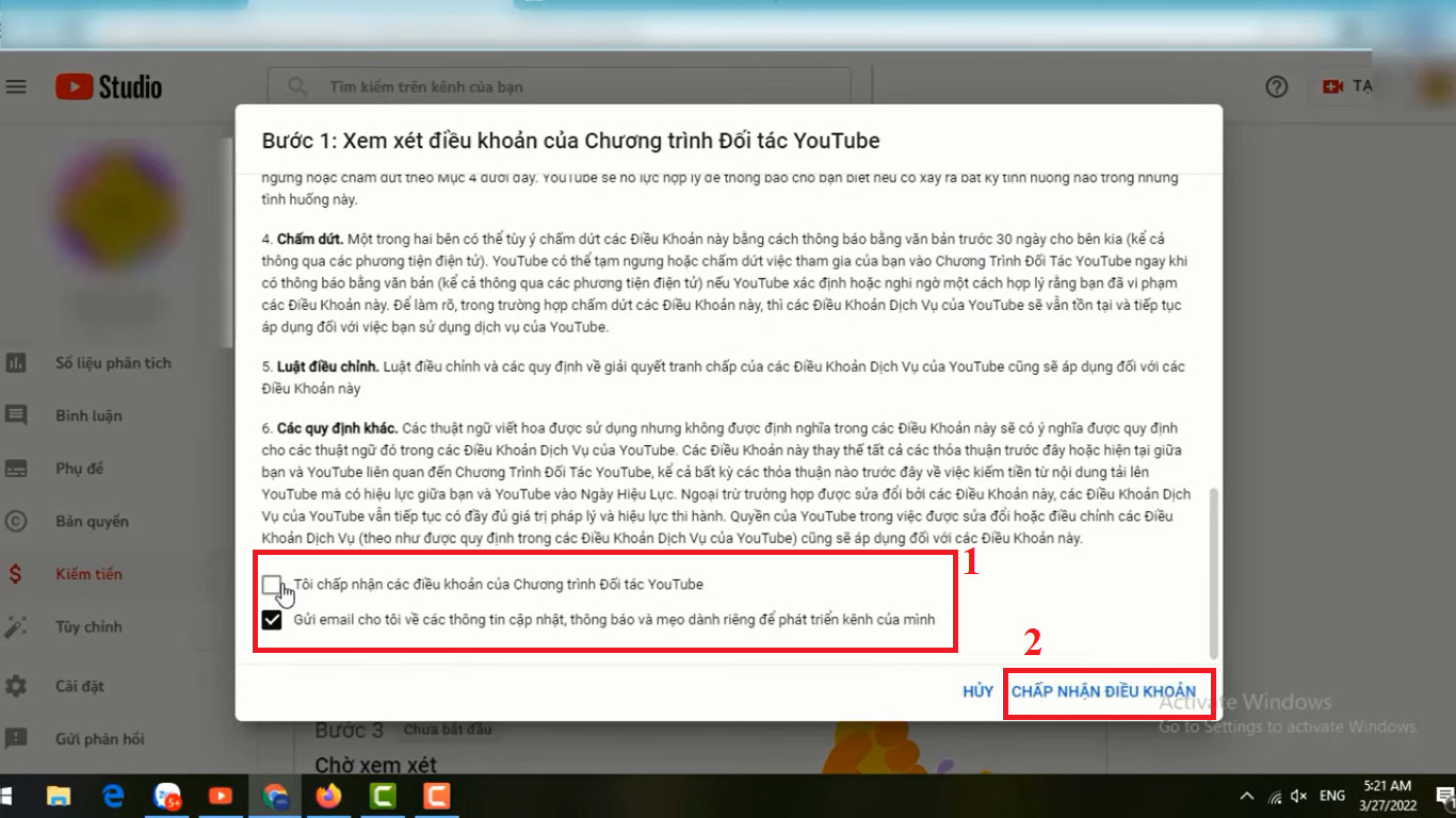 Chọn ngôn ngữ và chấp nhận liên kết tài khoản AdSense